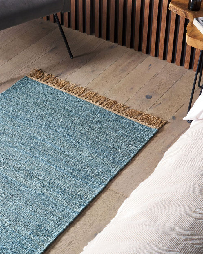 Tappeto in juta blu 80 x 150 cm tessuto a mano con frange in stile boho per l'ingresso della camera da letto