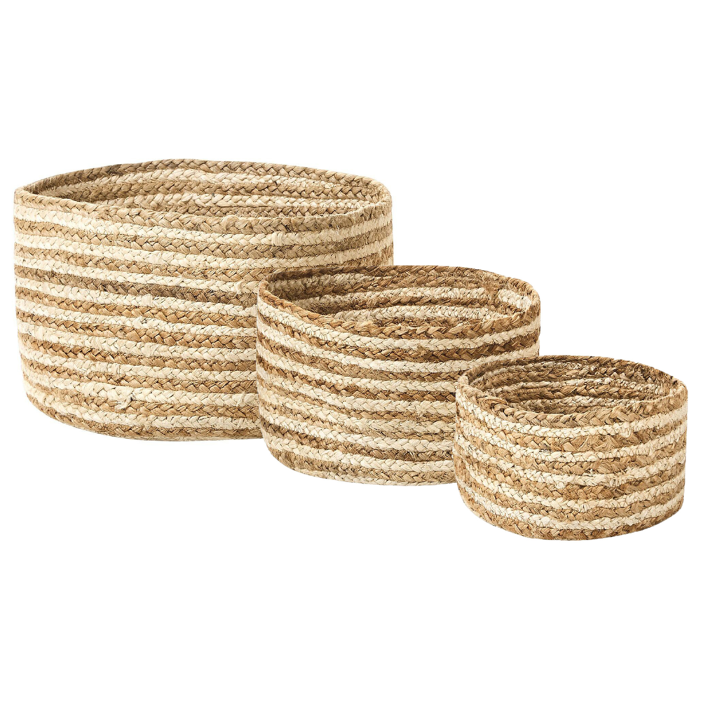 Set di 3 cestini in tessuto di iuta naturale altezza 13/14/20 cm per riporre oggetti in stile rustico Boho