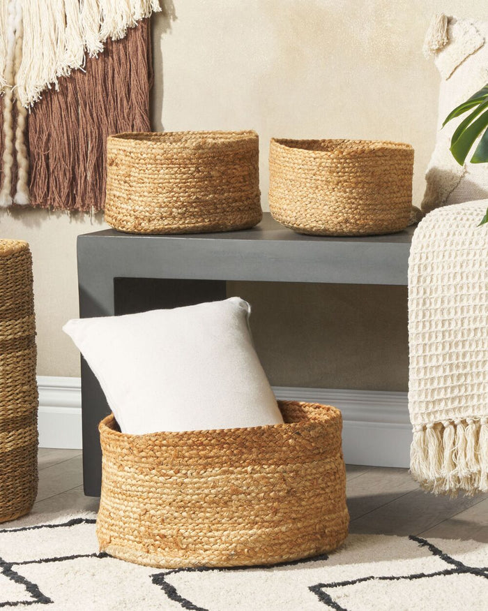 Set di 3 cestini in tessuto di iuta naturale altezza 12/16/21 cm per riporre oggetti in stile rustico Boho