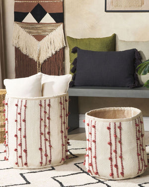 Set di 2 cestini in cotone beige con rosso alti 40/45 cm per riporre oggetti in stile rustico boho