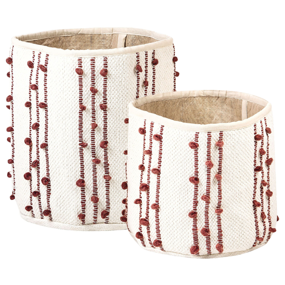 Set di 2 cestini in cotone beige con rosso alti 40/45 cm per riporre oggetti in stile rustico boho