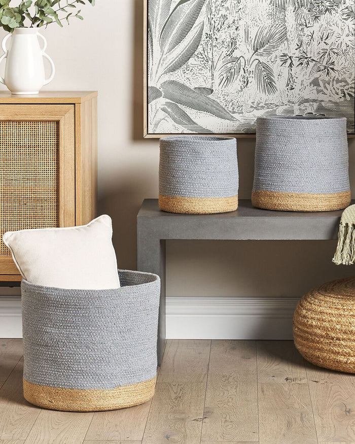 Set di 3 cestini portaoggetti in cotone iuta grigio e naturale portabiancheria Boho