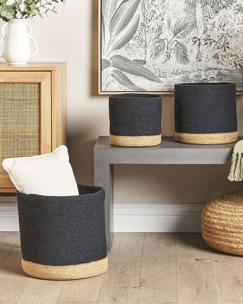 Set di 3 cestini portaoggetti in cotone iuta nero e naturale portabiancheria Boho