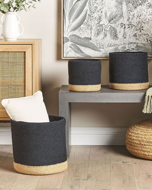 Set di 3 cestini portaoggetti in cotone iuta nero e naturale portabiancheria Boho