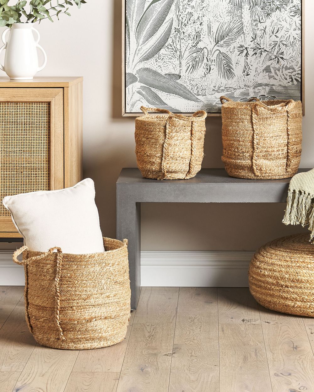 Set di 3 cestini portaoggetti in iuta naturale da 30 cm, portabiancheria, contenitori Boho