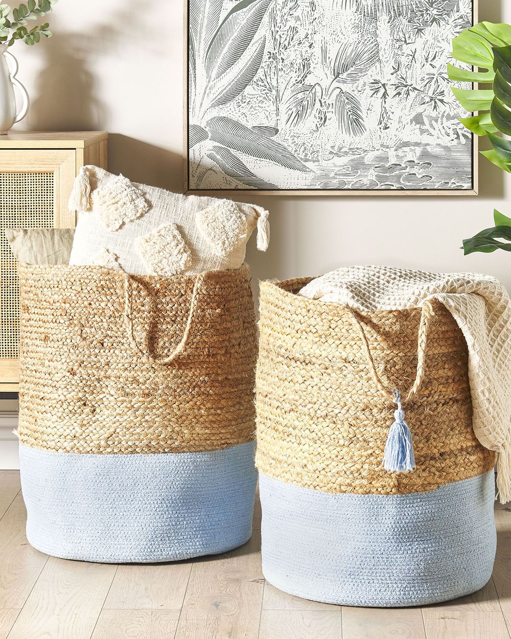 Set di 2 cesti portaoggetti in cotone iuta blu e naturale da 50 cm portabiancheria Boho