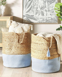 Set di 2 cesti portaoggetti in cotone iuta blu e naturale da 50 cm portabiancheria Boho
