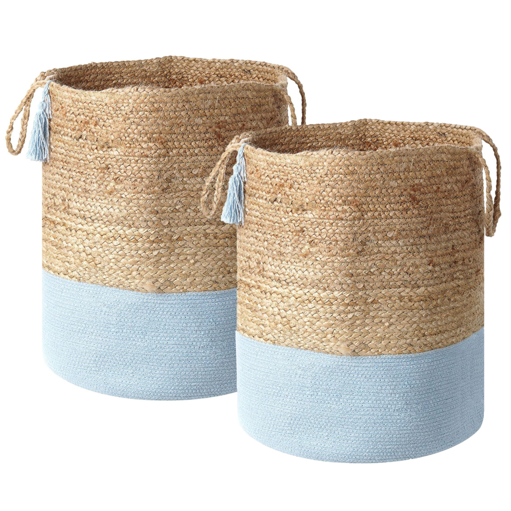 Set di 2 cesti portaoggetti in cotone iuta blu e naturale da 50 cm portabiancheria Boho