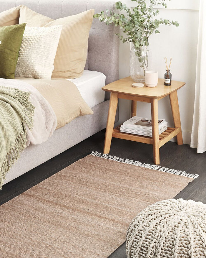 Tappeto in PET riciclato colore beige con frange 80 x 150 cm interno esterno