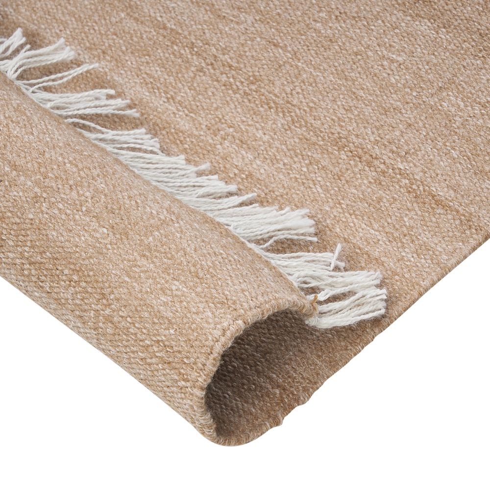 Tappeto in PET riciclato colore beige con frange 80 x 150 cm interno esterno