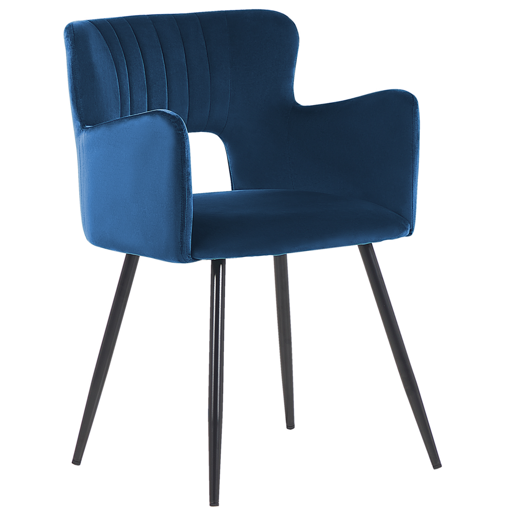 Set di 2 sedie da pranzo velluto blu marino braccioli schienale intagliato gambe in metallo moderna industriale