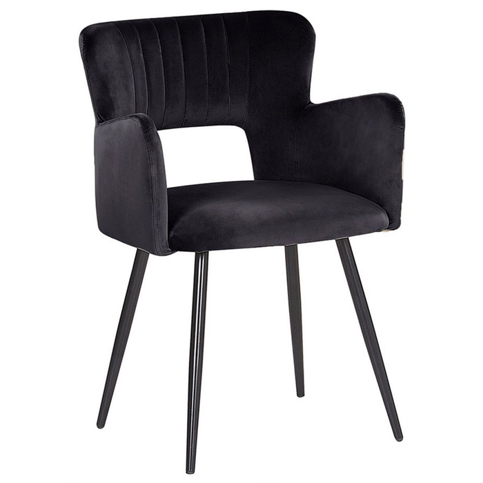Set di 2 sedie da pranzo velluto nero braccioli schienale intagliato gambe in metallo moderna industriale
