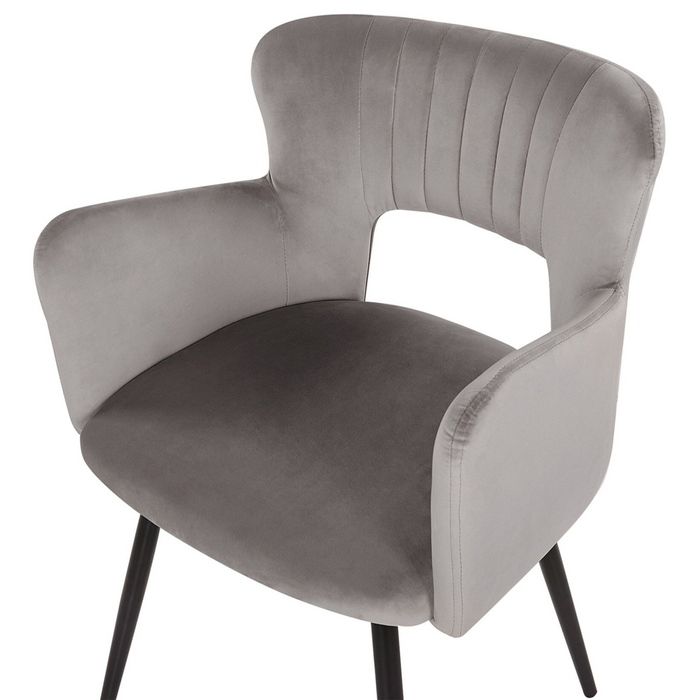 Set di 2 sedie da pranzo velluto grigio braccioli schienale intagliato gambe in metallo moderna industriale