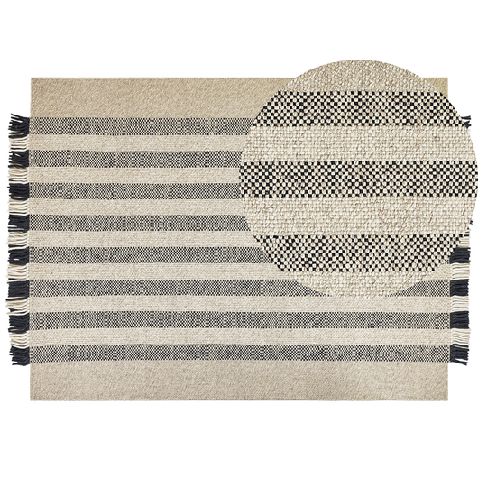 Tappeto in lana bianco sporco nero 160 x 230 cm fatto a mano con nappe moderne