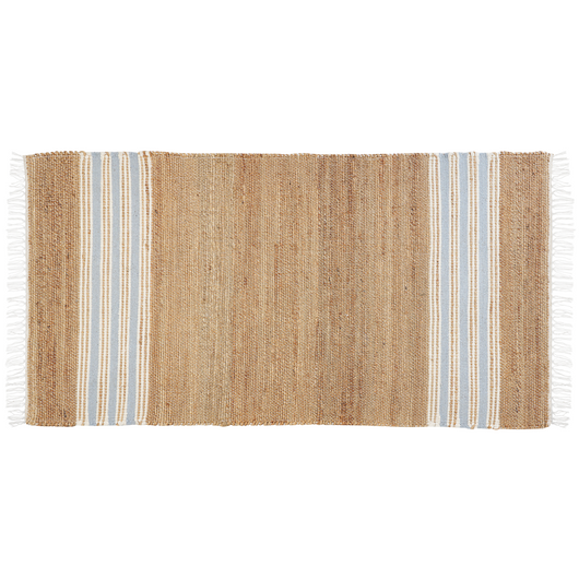 Tappeto in iuta con motivo a righe e nappe beige e azzurro 80 x 150 cm soggiorno camera da letto ingresso