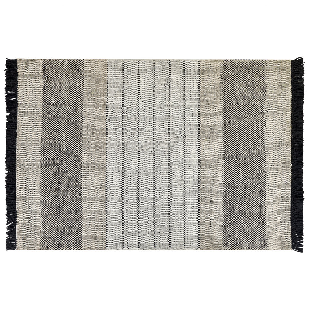 Tappeto beige e nero lana cotone 140 x 200 cm intrecciato a mano rettangolare con frange