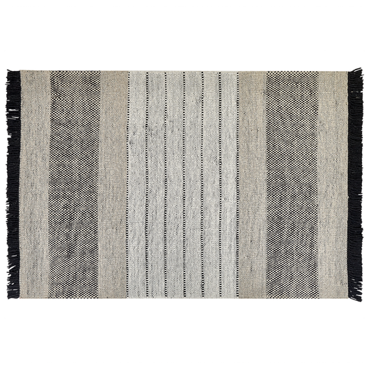 Tappeto beige e nero lana cotone 140 x 200 cm intrecciato a mano rettangolare con frange