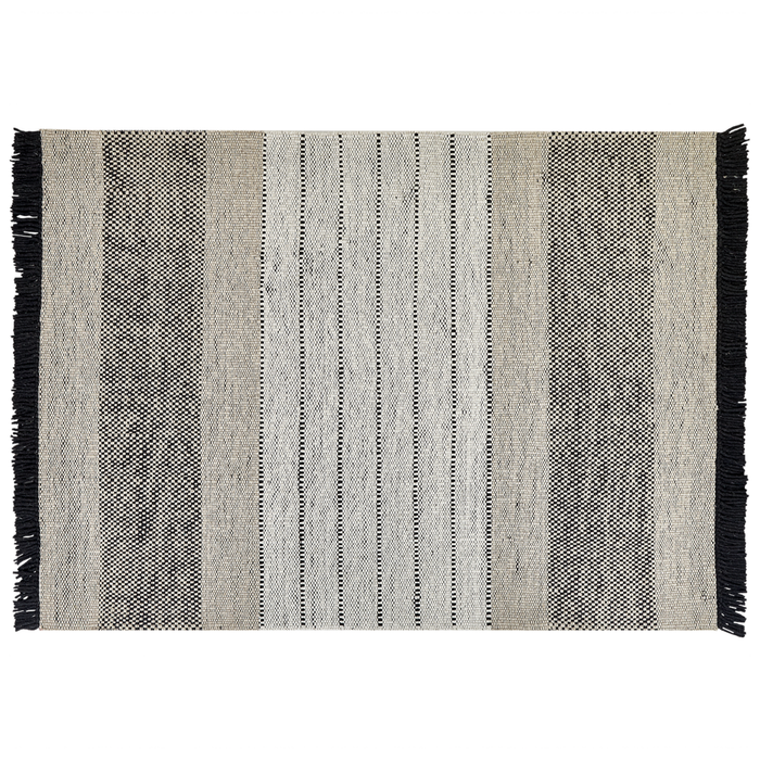 Tappeto beige e nero lana cotone 160 x 230 cm rettangolare intrecciato a mano con frange