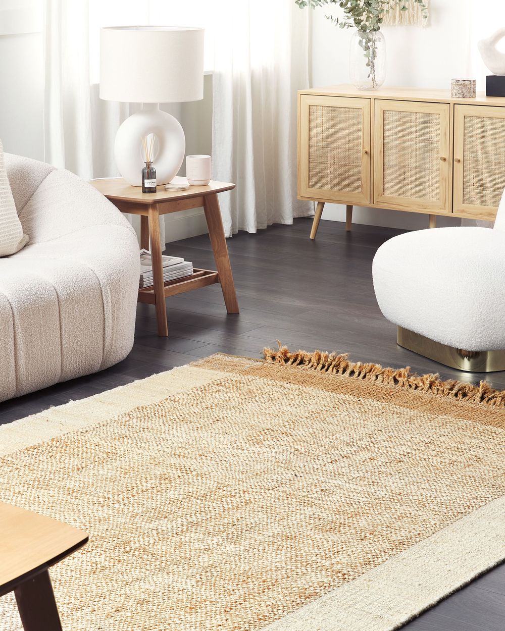 Tappeto in juta beige 160 x 230 cm con nappe motivo geometrico intrecciato a mano stile bohémien per soggiorno camera da letto