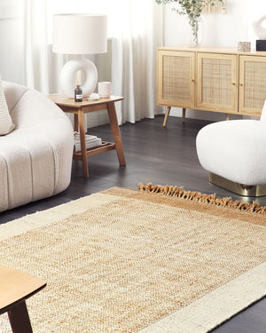 Tappeto in juta beige 160 x 230 cm con nappe motivo geometrico intrecciato a mano stile bohémien per soggiorno camera da letto