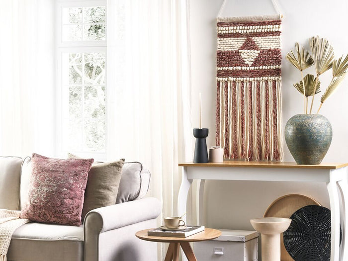 Decorazione da parete lana rossa e beige nappa fatta a mano arte da parete motivo geometrico boho per soggiorno camera da letto