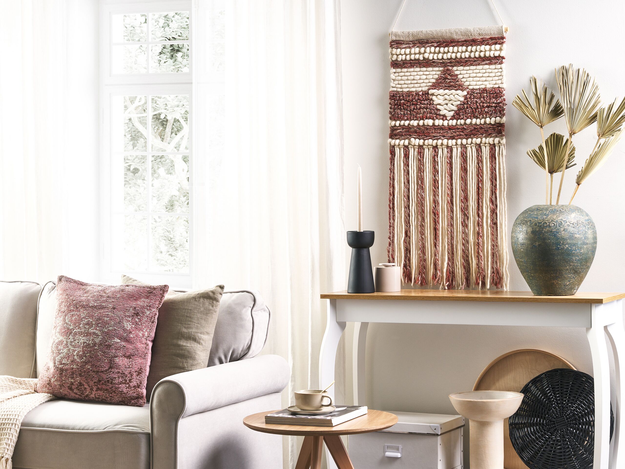 Decorazione da parete lana rossa e beige nappa fatta a mano arte da parete motivo geometrico boho per soggiorno camera da letto