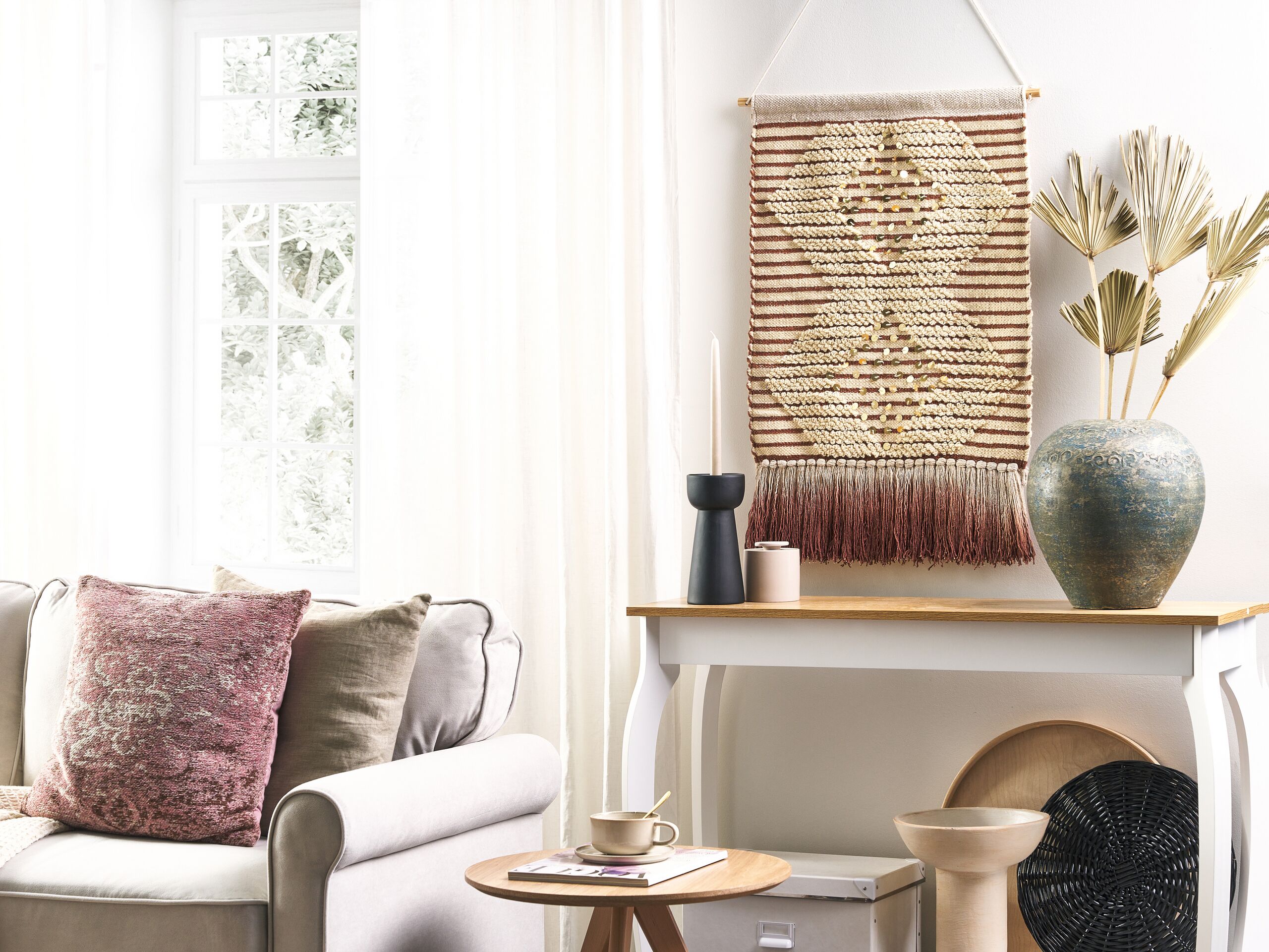 Decorazione da parete in cotone beige rosso fatto a mano con paillettes in nappa arte da parete motivo geometrico boho per soggiorno camera da letto