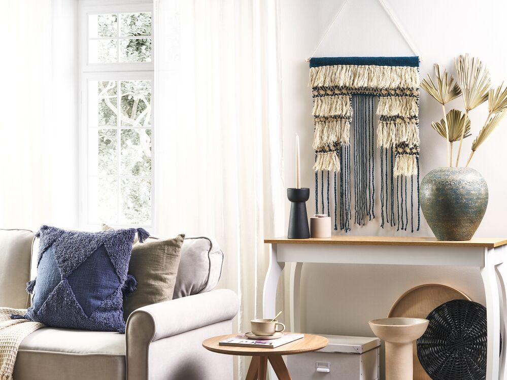 Decorazione da parete in cotone blu e beige con nappe fatte a mano decorazione da parete boho per soggiorno camera da letto