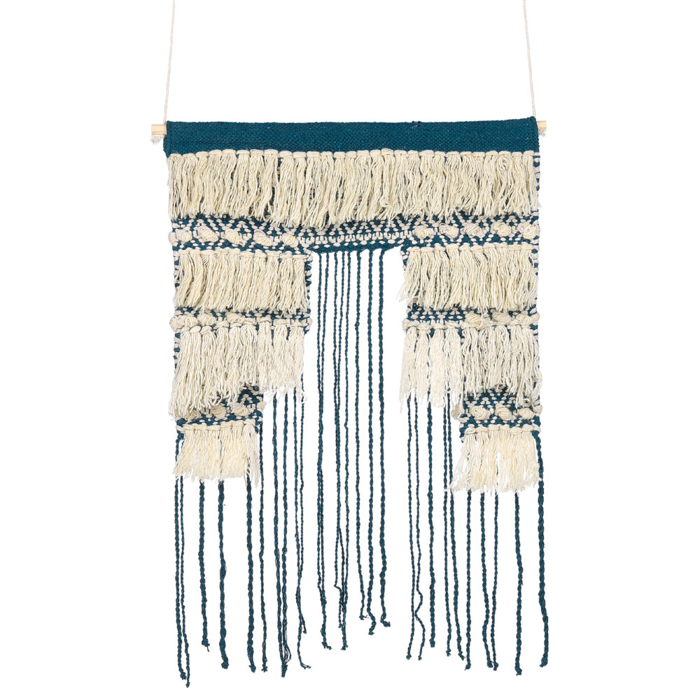 Decorazione da parete in cotone blu e beige con nappe fatte a mano decorazione da parete boho per soggiorno camera da letto