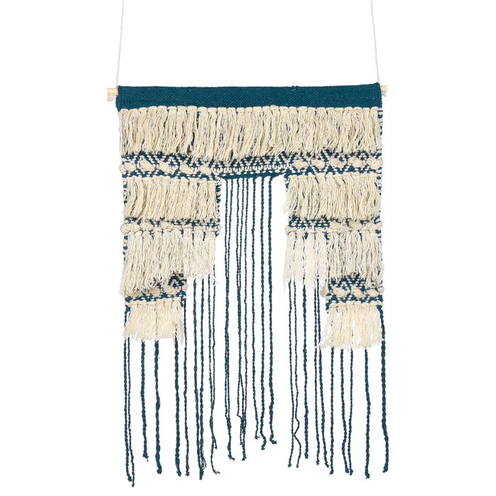 Decorazione da parete in cotone blu e beige con nappe fatte a mano decorazione da parete boho per soggiorno camera da letto