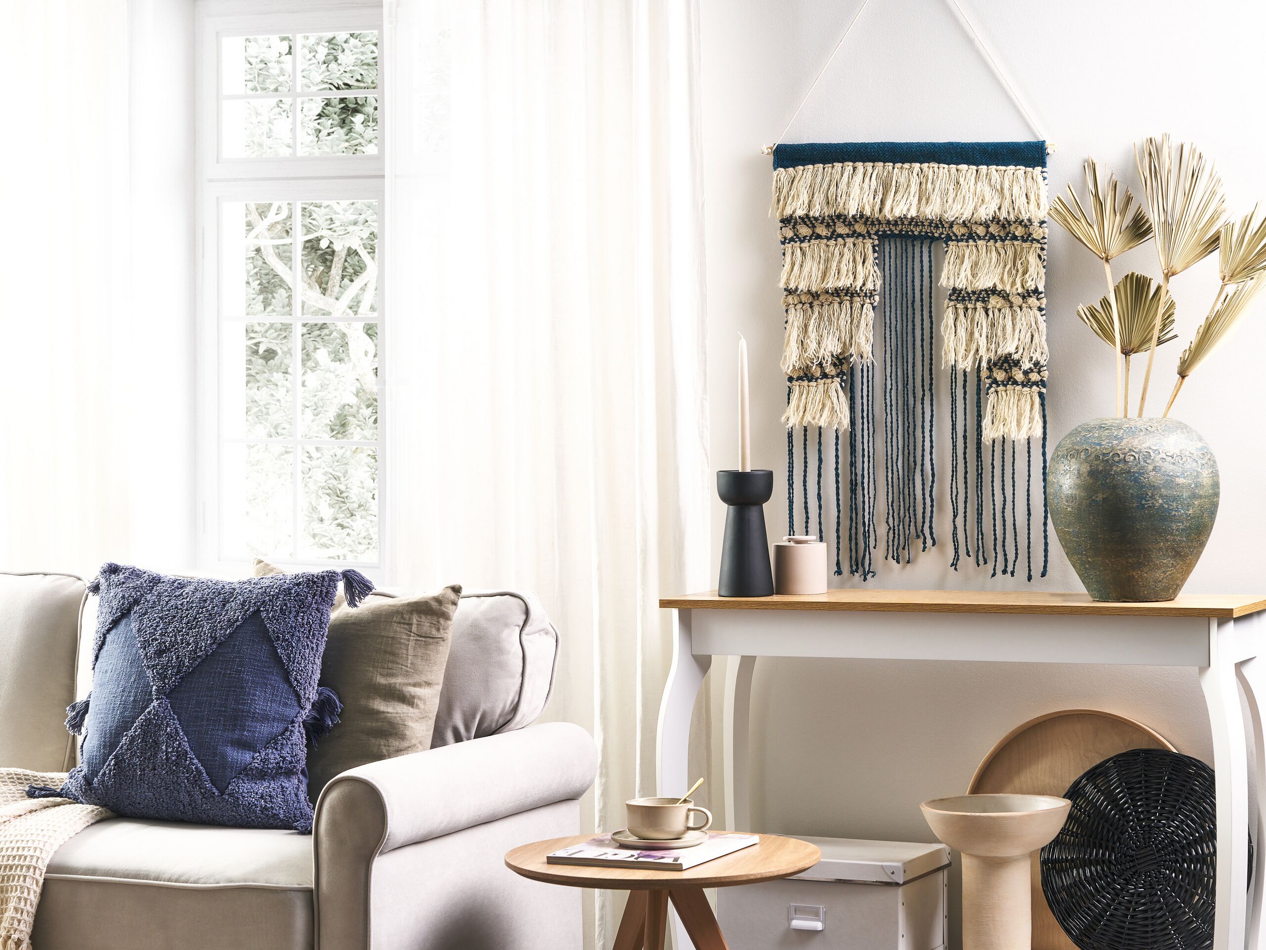 Decorazione da parete in cotone blu e beige con nappe fatte a mano decorazione da parete boho per soggiorno camera da letto