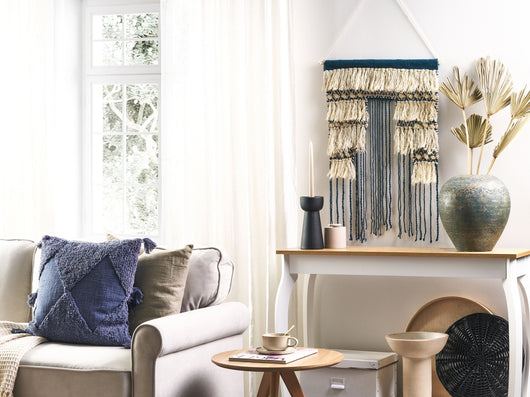 Decorazione da parete in cotone blu e beige con nappe fatte a mano decorazione da parete boho per soggiorno camera da letto