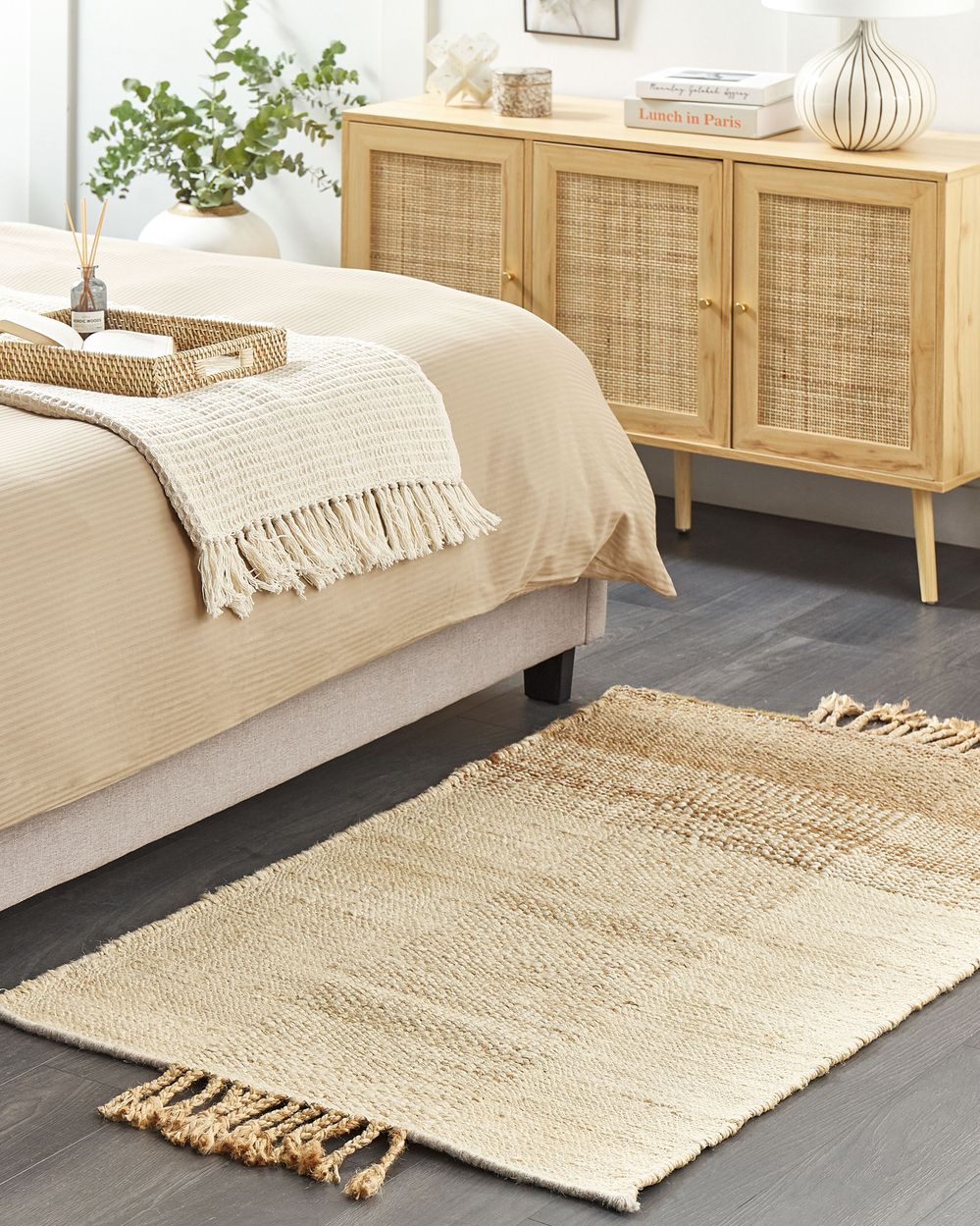Tappeto juta beige 80 x 150 cm con nappe motivo geometrico intrecciato fatto a mano stile boho per soggiorno camera da letto