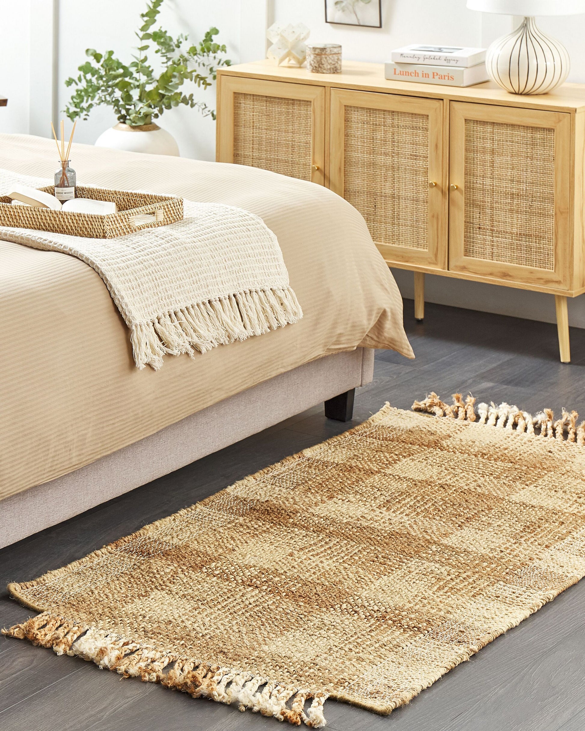 Tappeto juta beige 80 x 150 cm con nappe motivo geometrico intrecciato fatto a mano stile boho per soggiorno camera da letto