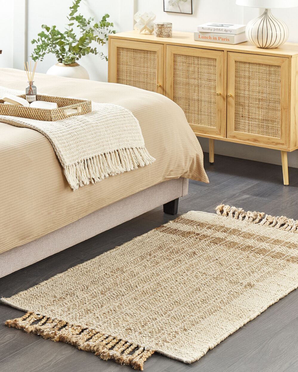 Tappeto juta beige 80 x 150 cm con nappe motivo geometrico intrecciato fatto a mano stile boho per soggiorno camera da letto