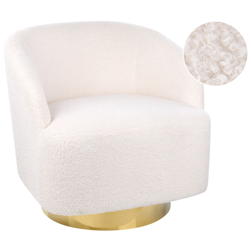 Poltrona Bianco Sporco Tessuto Morbido Base Oro Girevole 360° Stile Retro Glamour Art Deco dorato