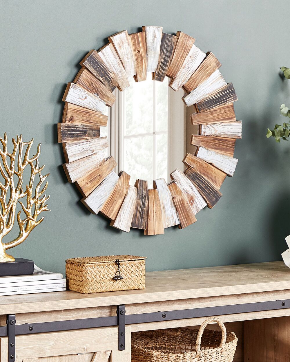 Specchio  parete  legno chiaro MDF impiallacciato 66 cm Rotondo Decorativo Fatto  mano Stile rustico