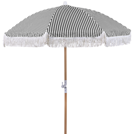 Ombrellone in tessuto nero e bianco palo in legno faggio 150 cm esterno rotondo giardino retrò inclinabile resistente ai raggi UV