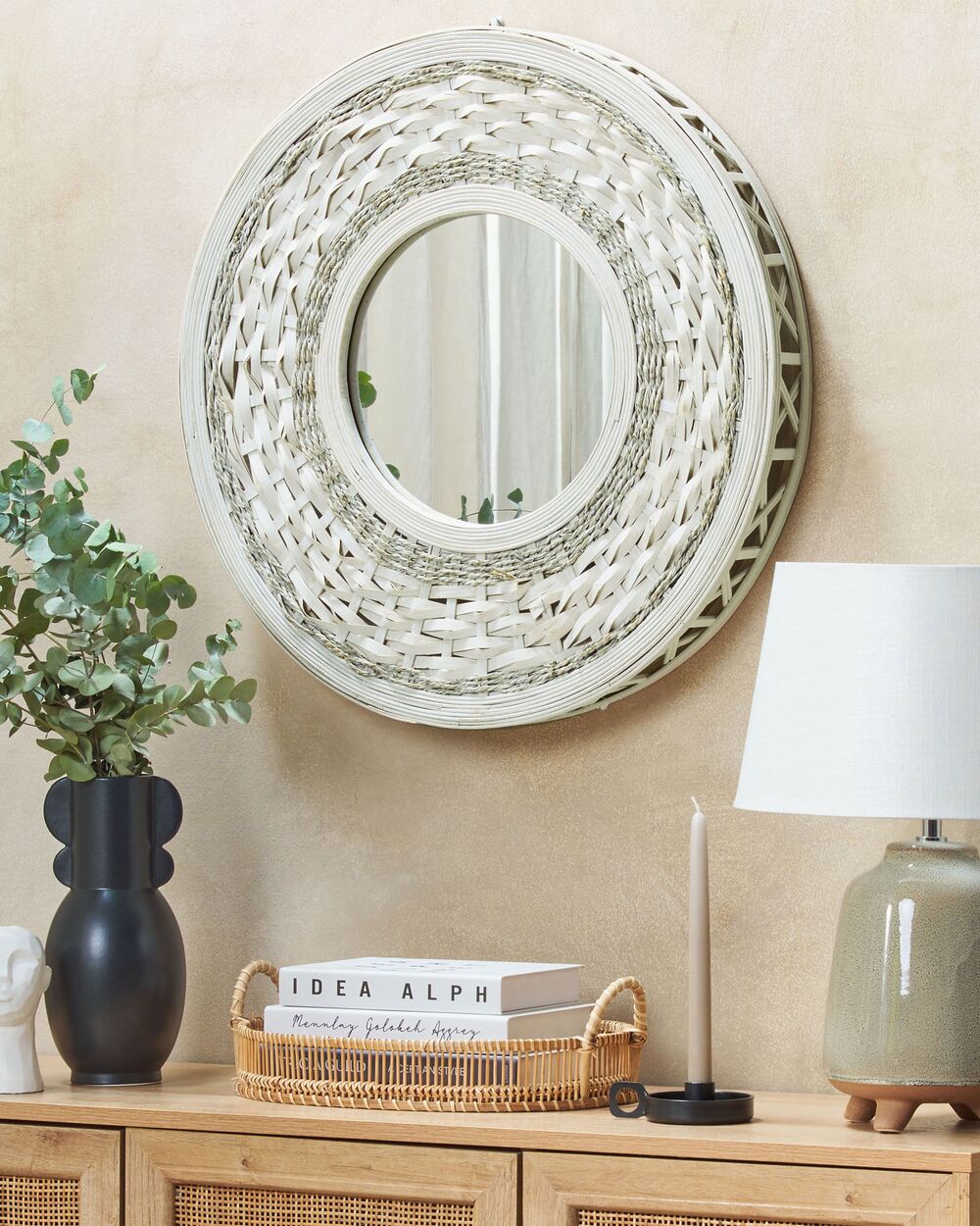 Specchio da parete in legno chiaro naturale di bambù ø 61 rotondo decorativo montato a parete pezzo d'accento