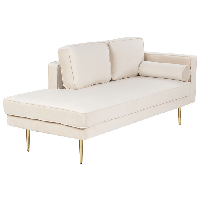 Chaise longue Velluto Beige e Oro Imbottito versione destra Orientamento Gambe In Metallo Rafforzamento Cuscino Design Moderno