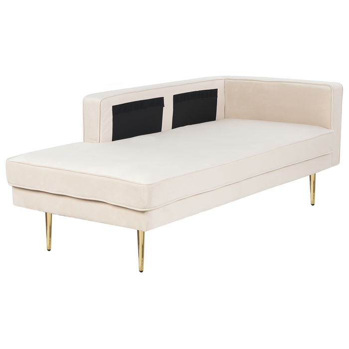 Chaise longue Velluto Beige e Oro Imbottito versione destra Orientamento Gambe In Metallo Rafforzamento Cuscino Design Moderno