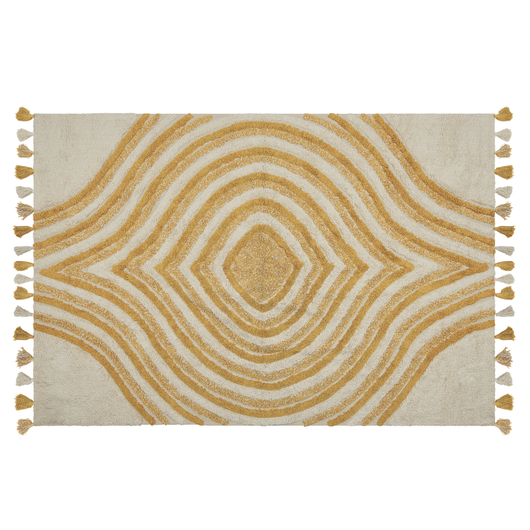 Tappeto beige e giallo 140 x 200 cm cotone fatto a mano motivo geometrico soggiorno camera da letto