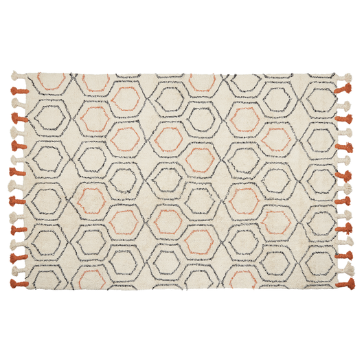 Tappeto in cotone beige e arancione 140 x 200 cm con frange e motivo geometrico camera da letto soggiorno stile boho