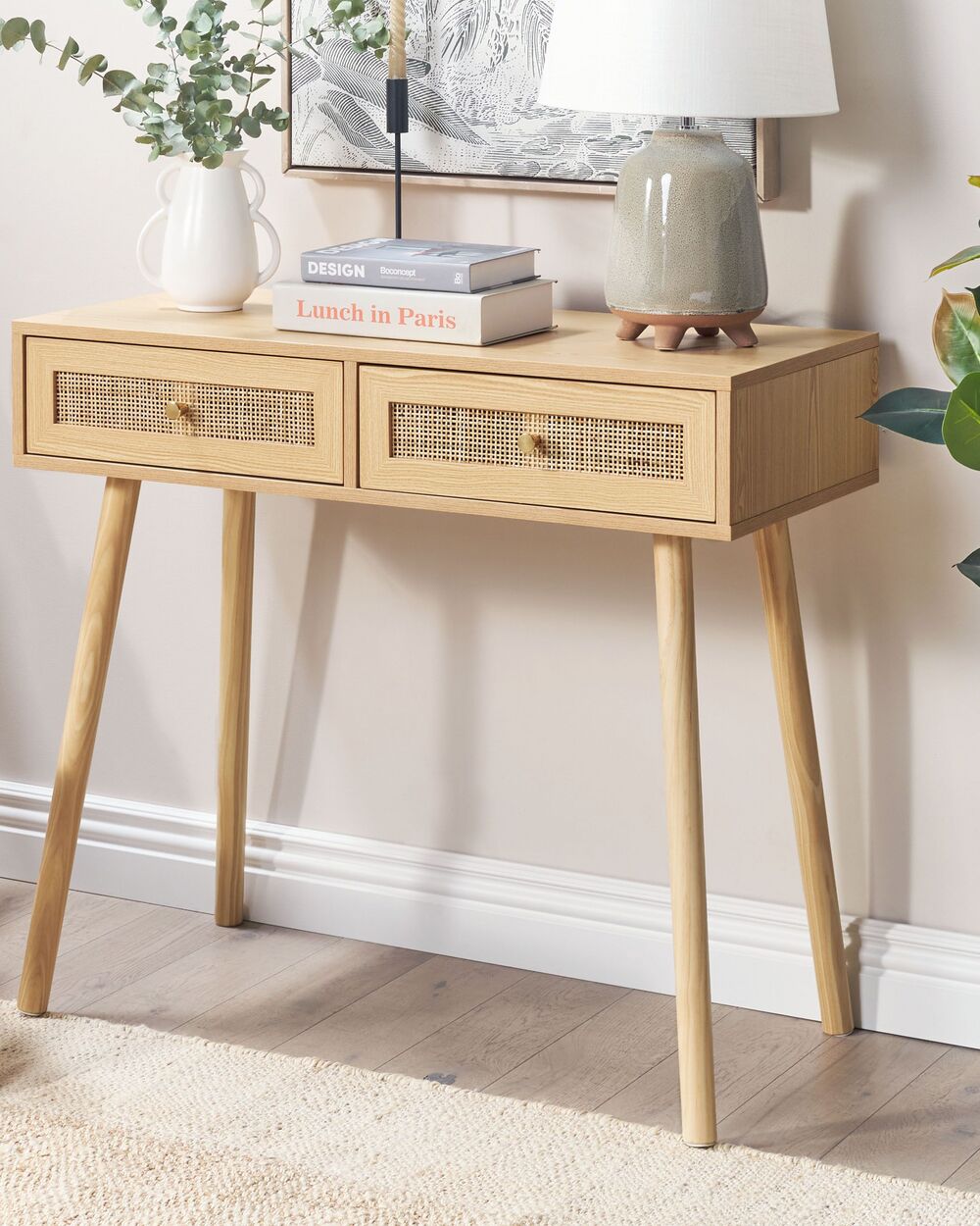 Tavolo Consolle Legno chiaro Truciolato Gambe legno 88 x 40 x 79 cm 2 Cassetti Fronti in vimini Rattan Mobili corridoio