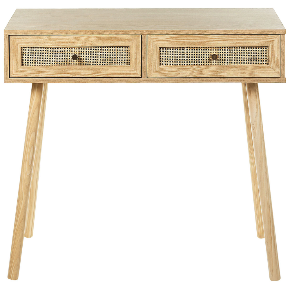 Tavolo Consolle Legno chiaro Truciolato Gambe legno 88 x 40 x 79 cm 2 Cassetti Fronti in vimini Rattan Mobili corridoio
