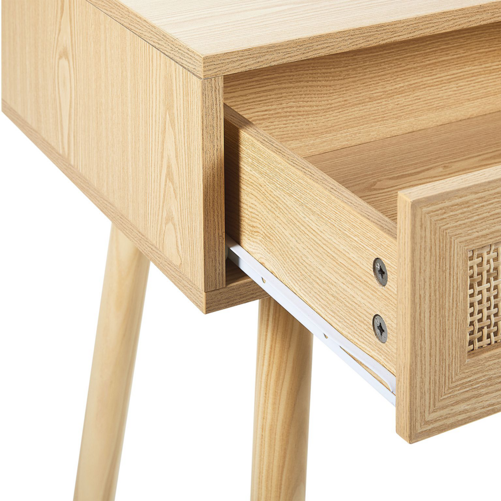 Tavolo Consolle Legno chiaro Truciolato Gambe legno 88 x 40 x 79 cm 2 Cassetti Fronti in vimini Rattan Mobili corridoio