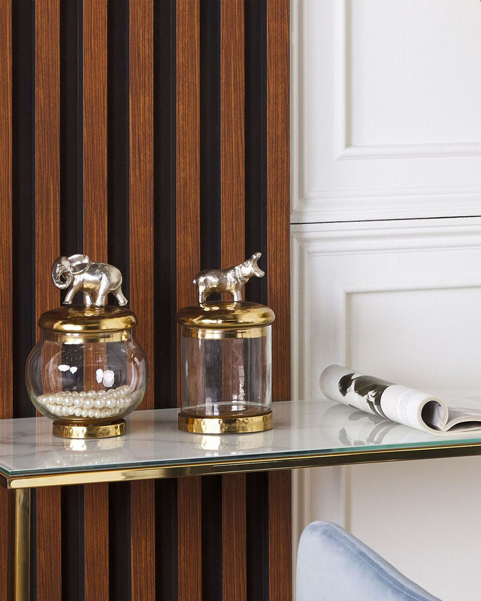 Set di 2 contenitori decorativi in alluminio oro e argento Barattoli con motivi animali Coperchi trasparenti