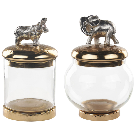 Set di 2 contenitori decorativi in alluminio oro e argento Barattoli con motivi animali Coperchi trasparenti
