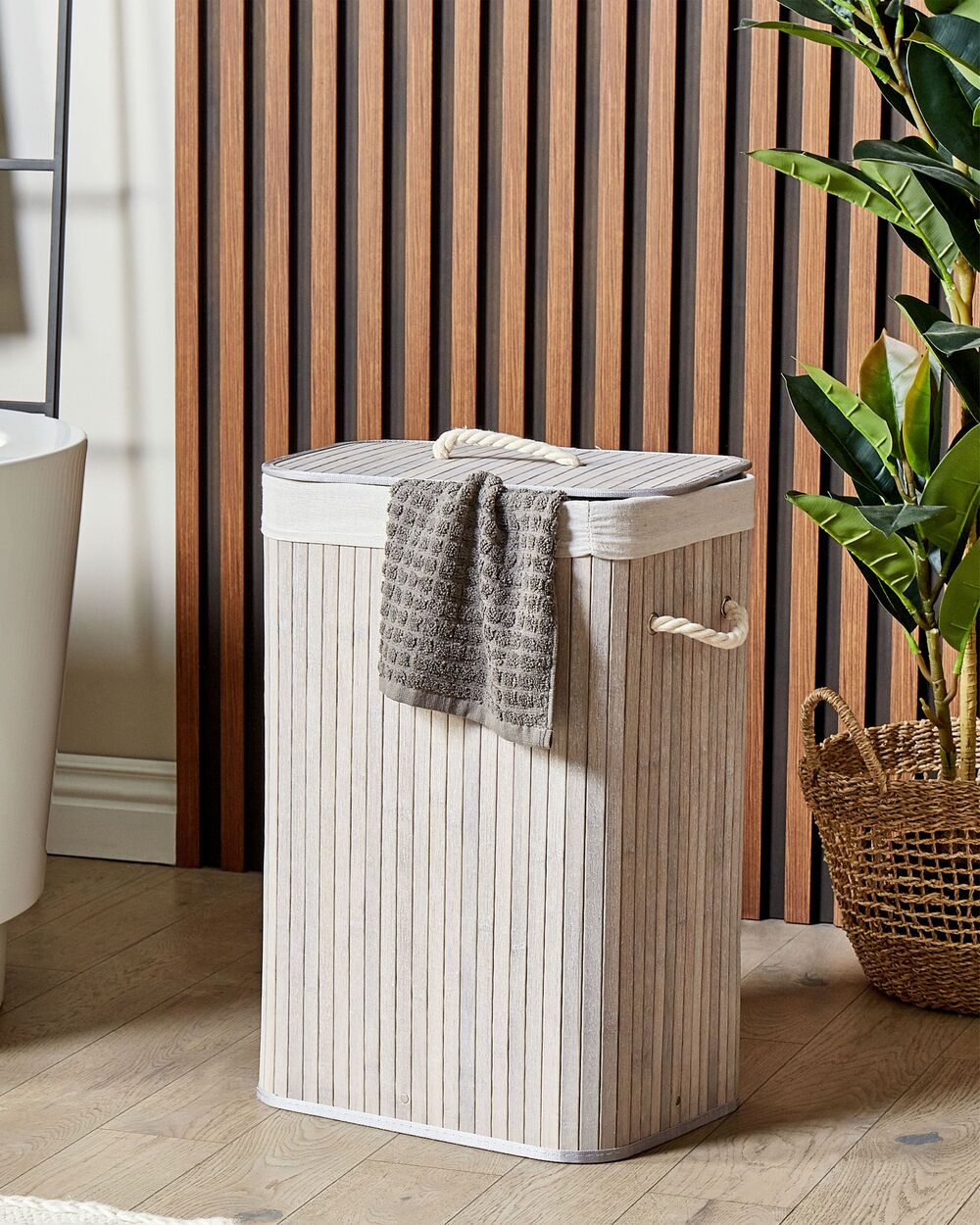 Cestino portaoggetti in bambù grigio chiaro con coperchio Cestino per biancheria Accessori pratici lavanderia bucato