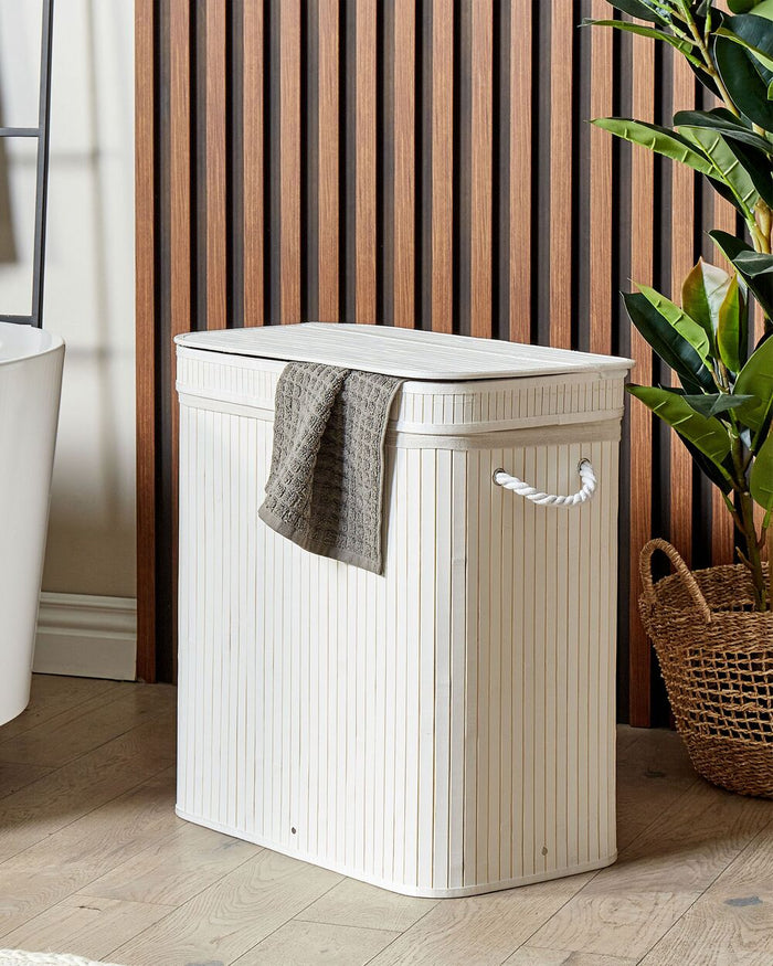 Cestino portaoggetti in bambù bianco con coperchio Cestino per biancheria Accessori pratici lavanderia bucato